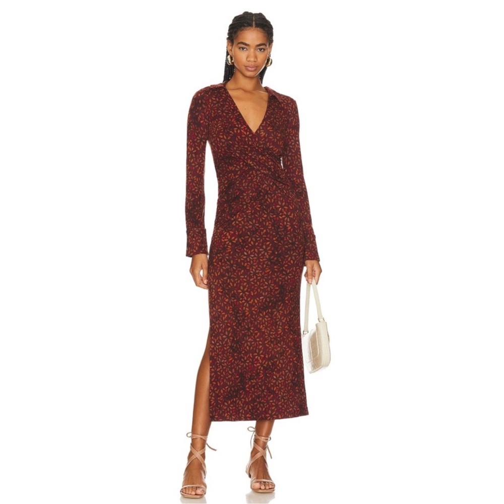 Free People Shayla‎ Wrap Midi Dress in Chocolate Combo SZ M